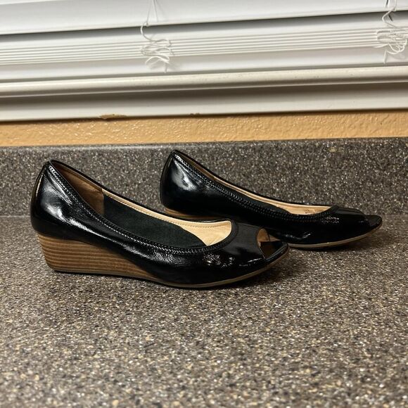 Cole Haan Air Womens 6.5 B Wedge Heel Slip On Pump Black Patent Leather Peep Toe - Picture 4 of 11
